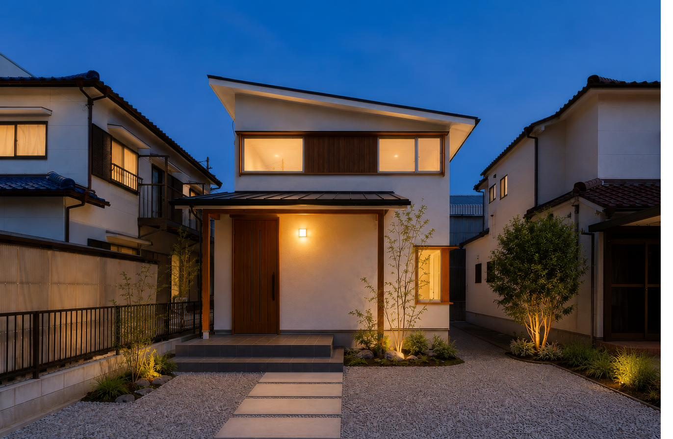 夕暮れに灯りがともる住まいの外観