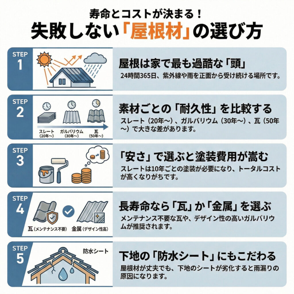 「家の頭」をどう守る？失敗しない屋根材の選び方についてまとめた図