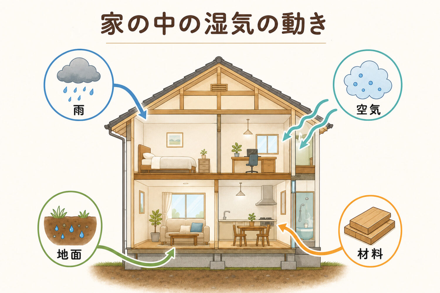 室内の湿度を大きく左右するのは、換気・冷暖房・除湿・加湿、そして暮らしの中で発生する水分というイメージ画像