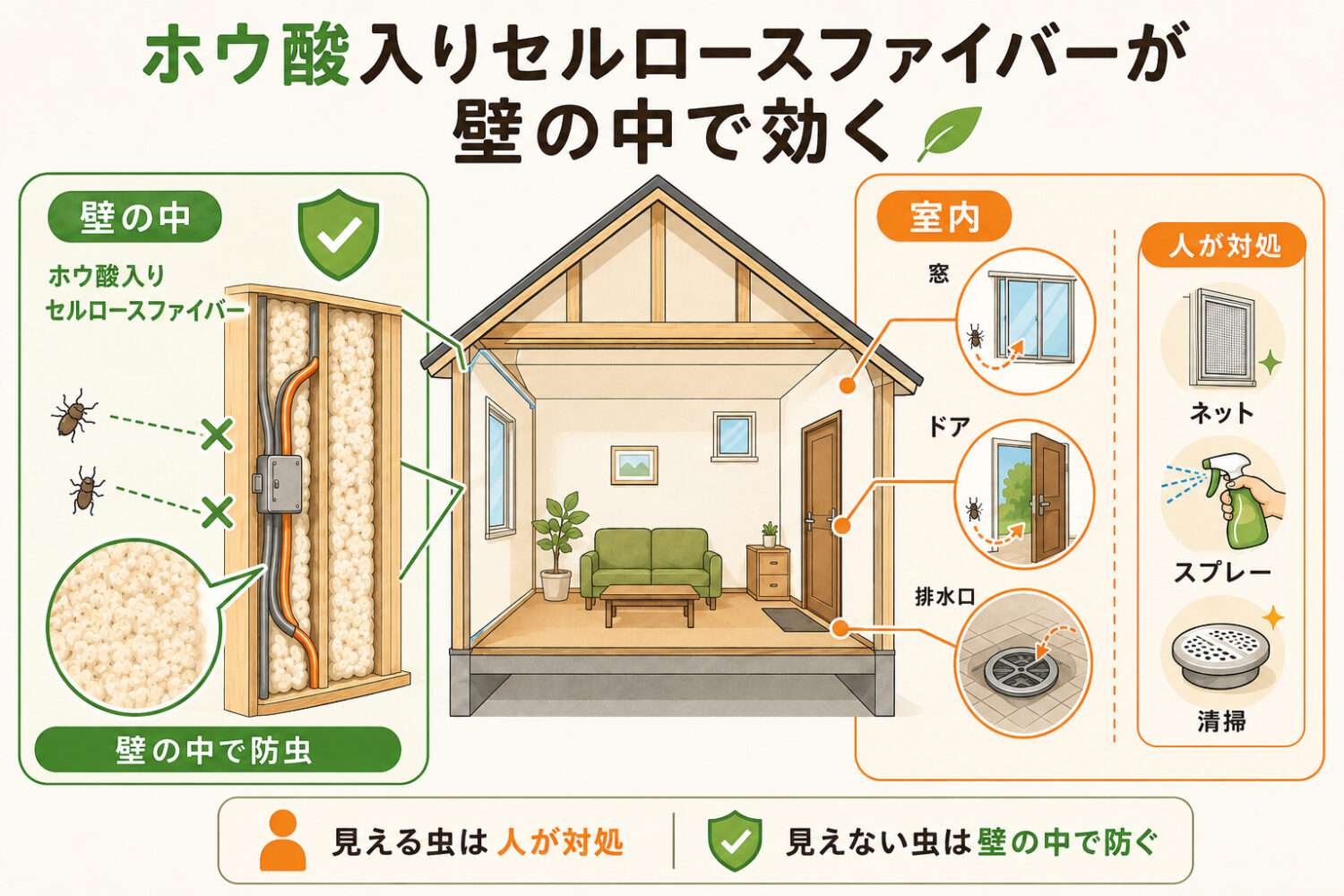 見えている虫は、人が対処する。手の出せない壁の中は、セルロースファイバーに任せる｜注文住宅 愛知県 オーパススタイル