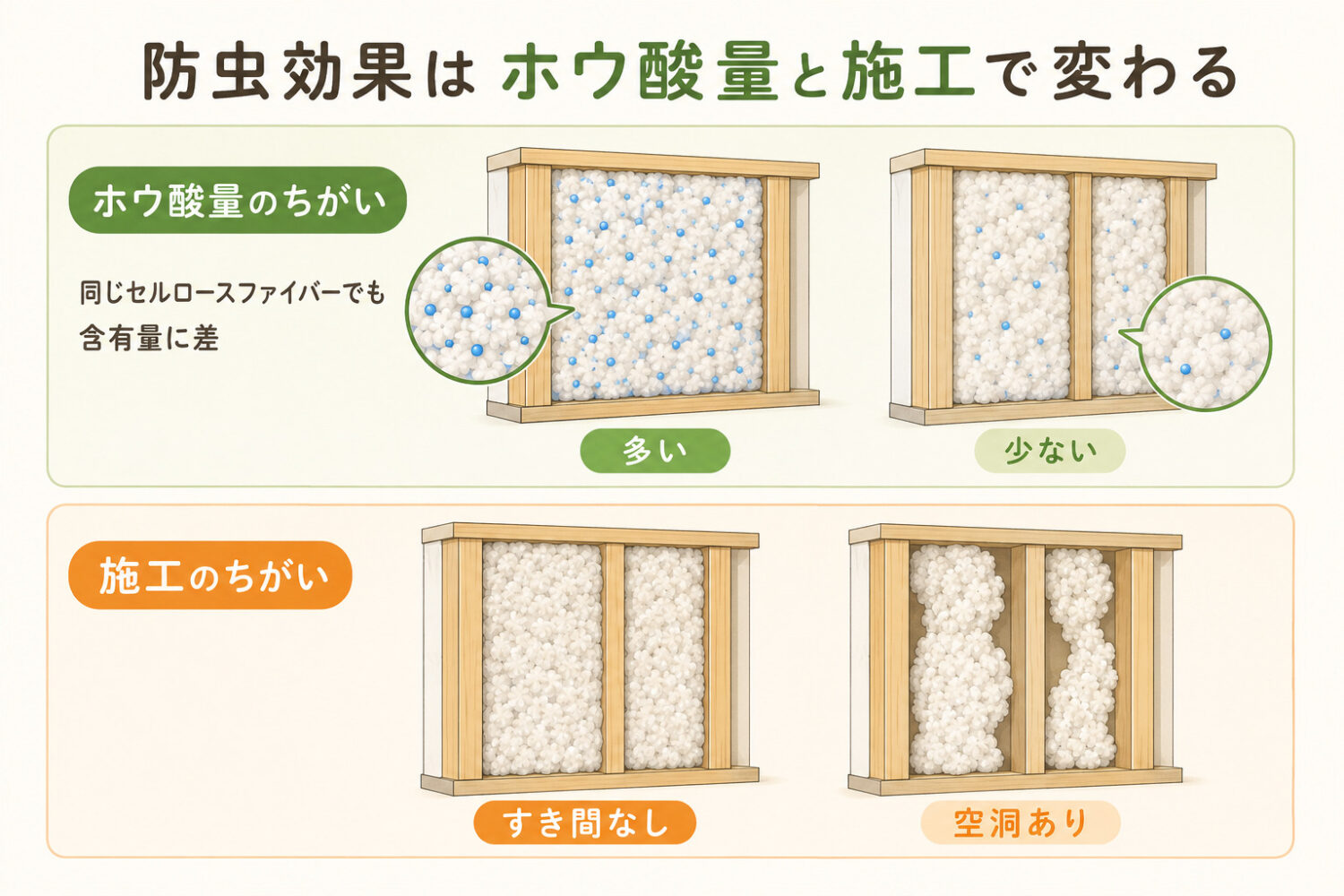 セルロースファイバーの中身は製品によってさまざまで明らかにホウ酸の含有量が少ないものある 中身によって、セルロースファイバーの働きぶりもずいぶん変わる また、セルロースファイバーの施工。壁の中に空洞が残れば、そこが虫の巣になります。すき間なく充填できてはじめて、防虫効果を発揮する｜注文住宅 愛知県 オーパススタイル
