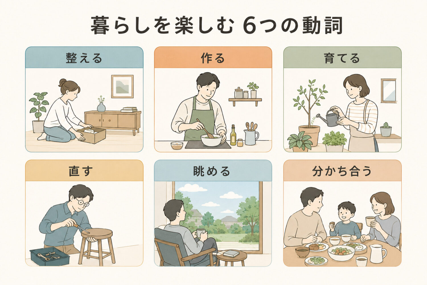 暮らしを楽しむヒントとして、日々の営みを6つの動詞で捉える考え方

その6つが、

・整える
・作る
・育てる
・直す
・眺める
・分かち合う