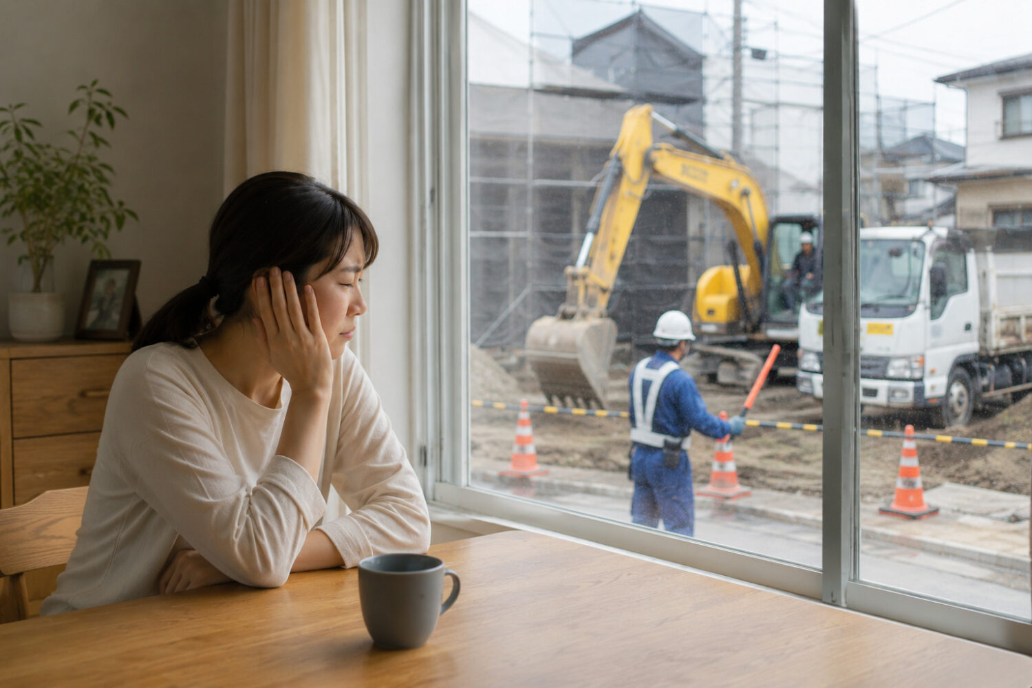 屋外の騒音に悩まされる女性