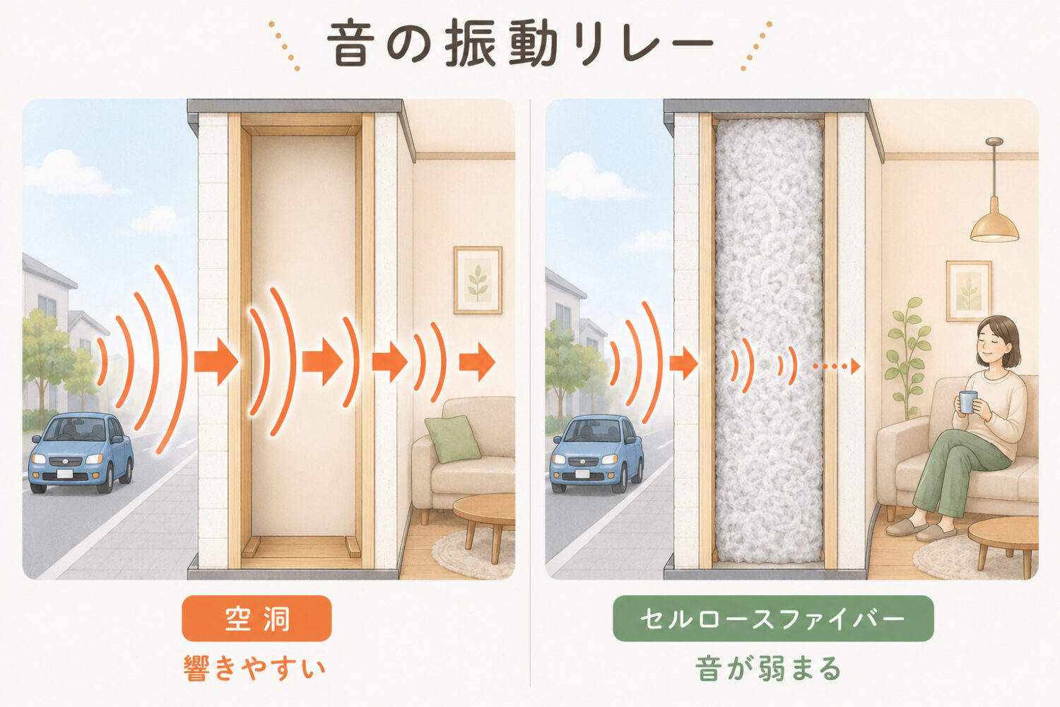 壁の中が空っぽだと太鼓と同じで、音が響きやすくなる。つまり家の防音では、壁の中の空洞をいかになくすかが重要になってくるというイメージ画像