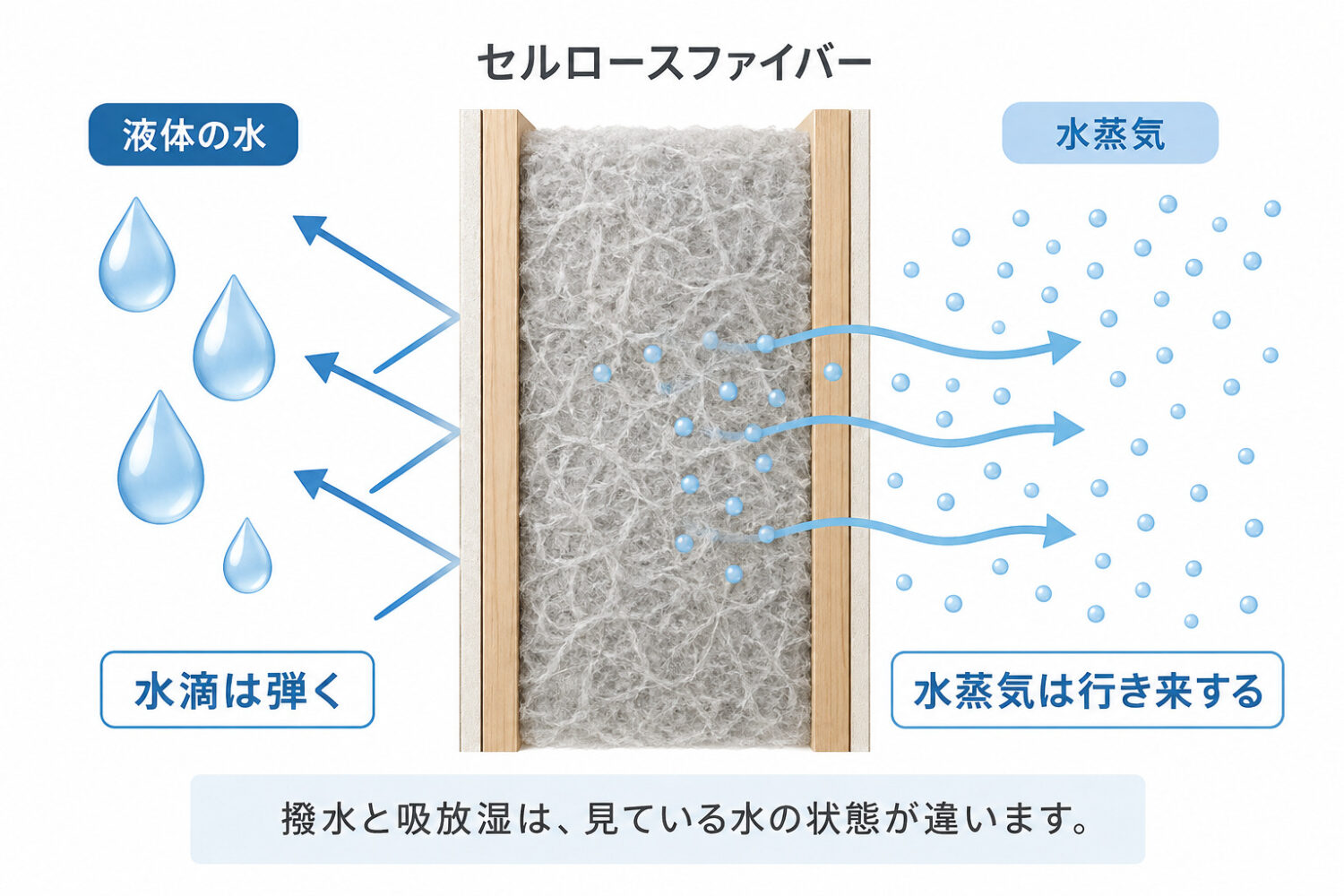 セルロースファイバーの効果として、撥水と吸放湿があり、一見矛盾して見えるが、撥水が相手にするのは、雨水、漏水、結露水のような液体の水。吸放湿が相手にするのは、空気中の水蒸気です。水の状態が違うため矛盾はない｜オーパススタイル