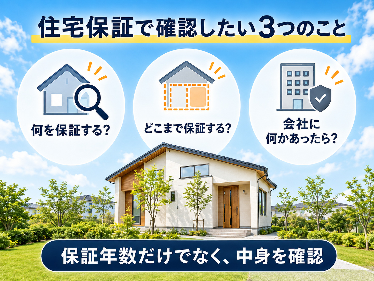 住宅の「30年保証」でも、何を保証するのか。どこまで保証するのか。中身は、会社によってバラバラ。確認することが大切であることを説明した図解|オーパススタイル