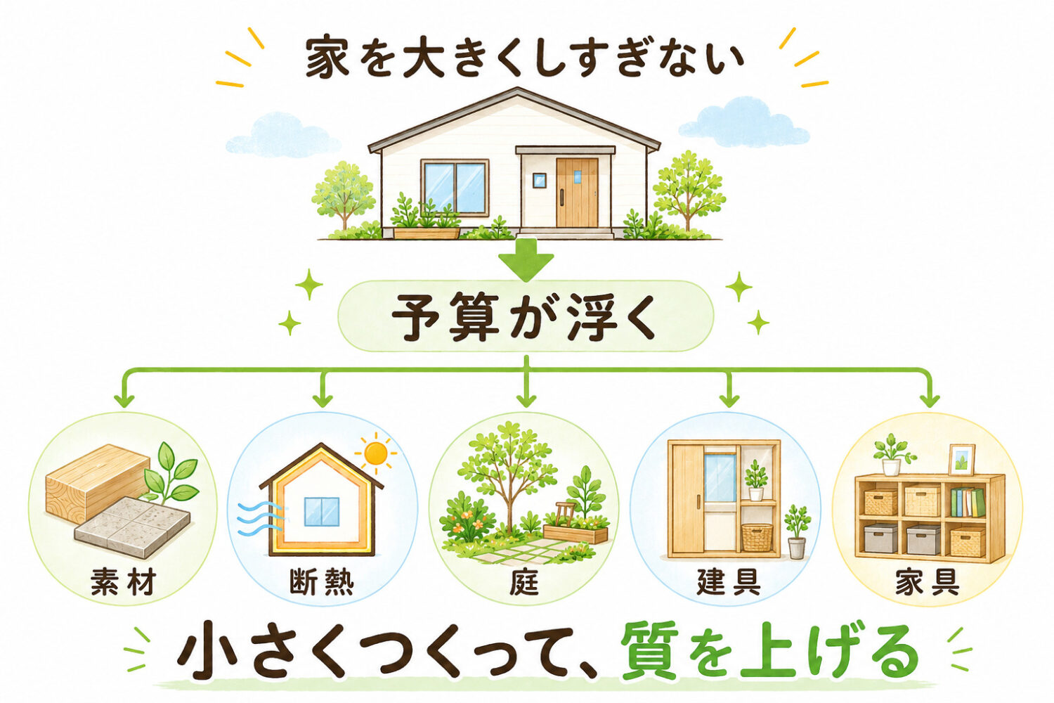 家は大きくすれば、その分、お金もかかる。だったら必要以上に大きくせず、予算が浮いた分を、素材や断熱、庭、建具、家具、職人さんの手仕事に使う。小さくつくって、質を上げて、大きく暮らすことがわかる図解|愛知県注文住宅 オーパススタイル
