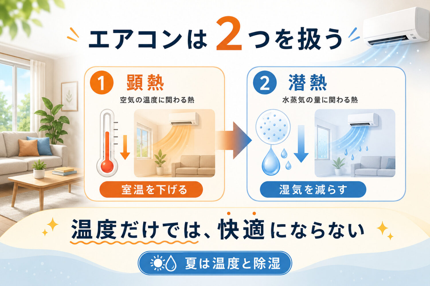 「潜熱」と「顕熱」について、「顕熱」は、水分を含まない温度変化。「潜熱」は、水分を含んだ温度変化の図解