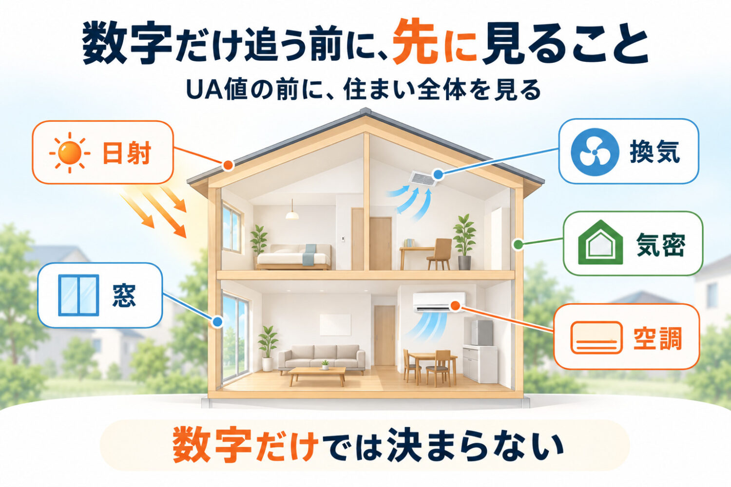 オーパススタイルの施工エリアにあたる6地域で考えたとき、UA値0.46まで性能を確保したら、そこからさらに数字を下げ続ける前に見るべきことがある。 窓の位置や大きさ、方位はどうなっているのか。冬の日射を取り入れられるのか、夏の日射を外で遮ることができるのか。熱橋と呼ばれる、熱が逃げやすい部分ができていないか。さらに、気密はきちんと取れているか、湿度管理ができるか、換気や空調の計画まで成立しているかまでを確認することがわかる図解｜愛知県注文住宅 オーパススタイル