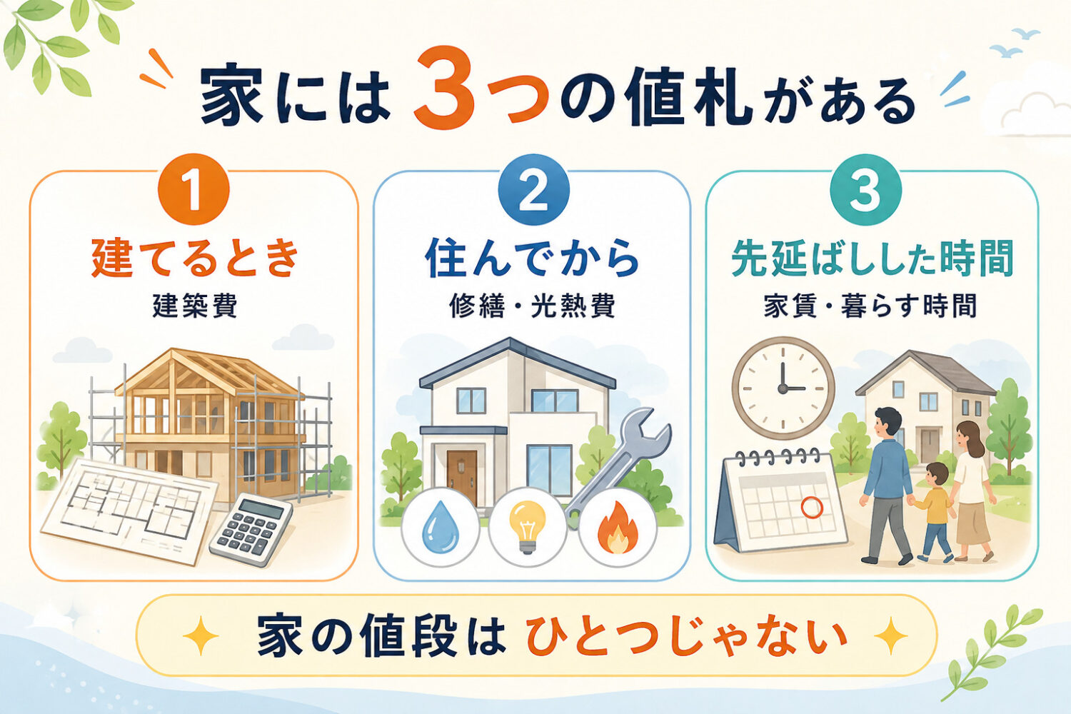 家の値段には3つの値札がある図解 ・1つ目は、家を建てるときに払う値札 ・2つ目は、住み始めてから修繕やランニングコストとして払う値札 ・3つ目は、家を建てるか迷っている間に、良い暮らしを先延ばしにした「時間の値札」