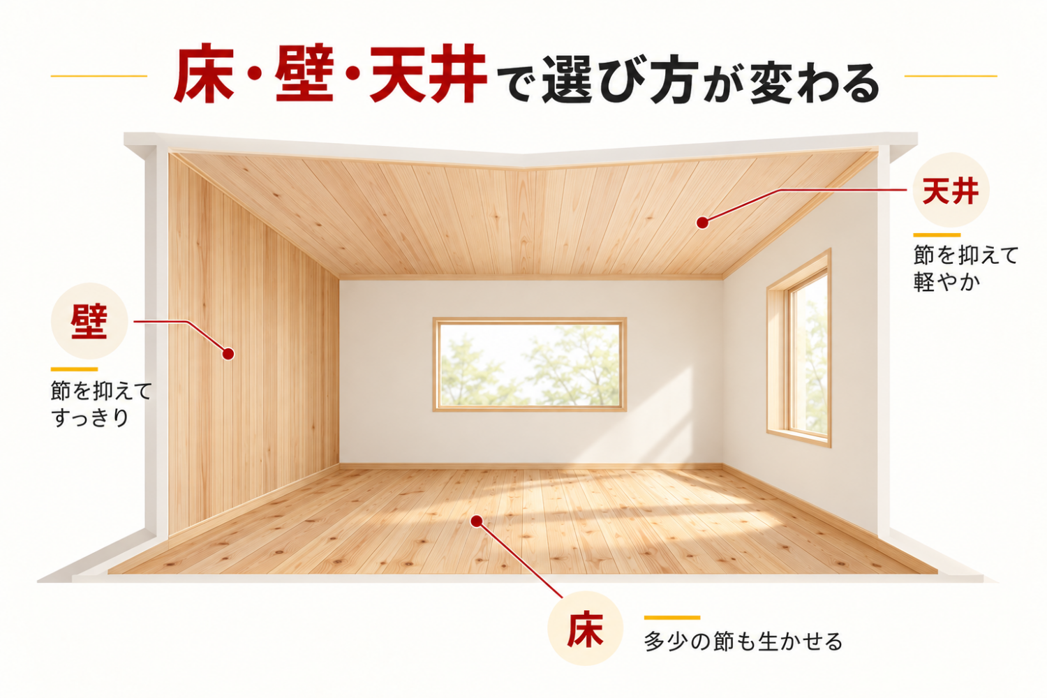 杉を選ぶ際は、品質だけでなく、住まいのどこに使うかも考える必要があり、床・天井・壁で節の多さや、色味の選び方が変わる図解